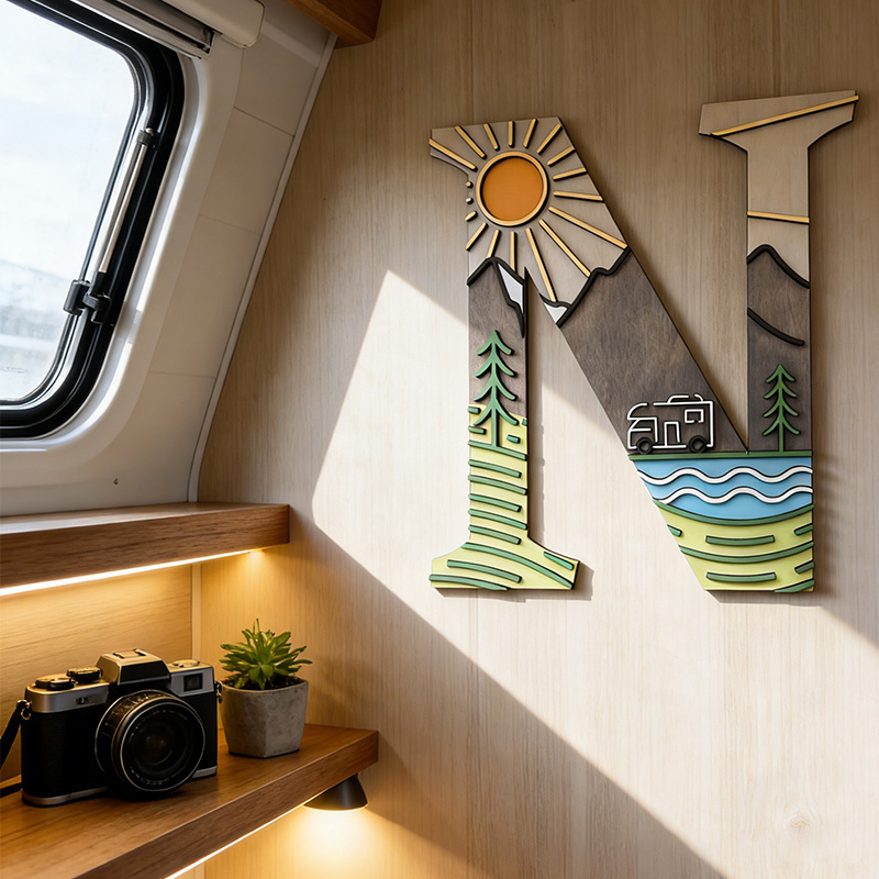 Personalized Monogram Camping Rv Life 3D Wall Decor Home Away from Home Decor Camping Decor Camper or Tent Mountain and Lake Design