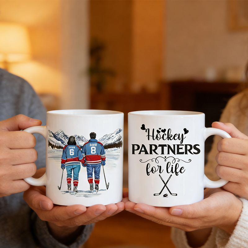Personalized Couple’s Hockey Mug with Custom Names and Numbers for Hockey-Loving Couples