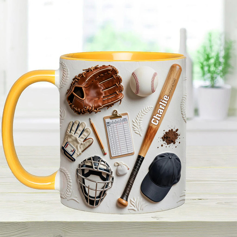 Personalized Baseball Mug with Custom Name and Sports Gear Artwork for Coaches and Baseball Fans