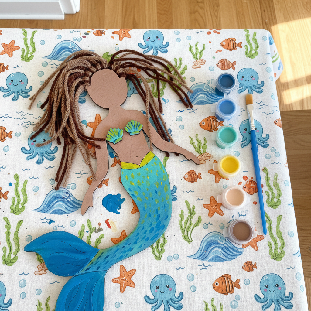 Personalized DIY Mermaid Self-portrait Craft Kit for Kids Wooden Painting and Yarn Hair Design with Custom Name