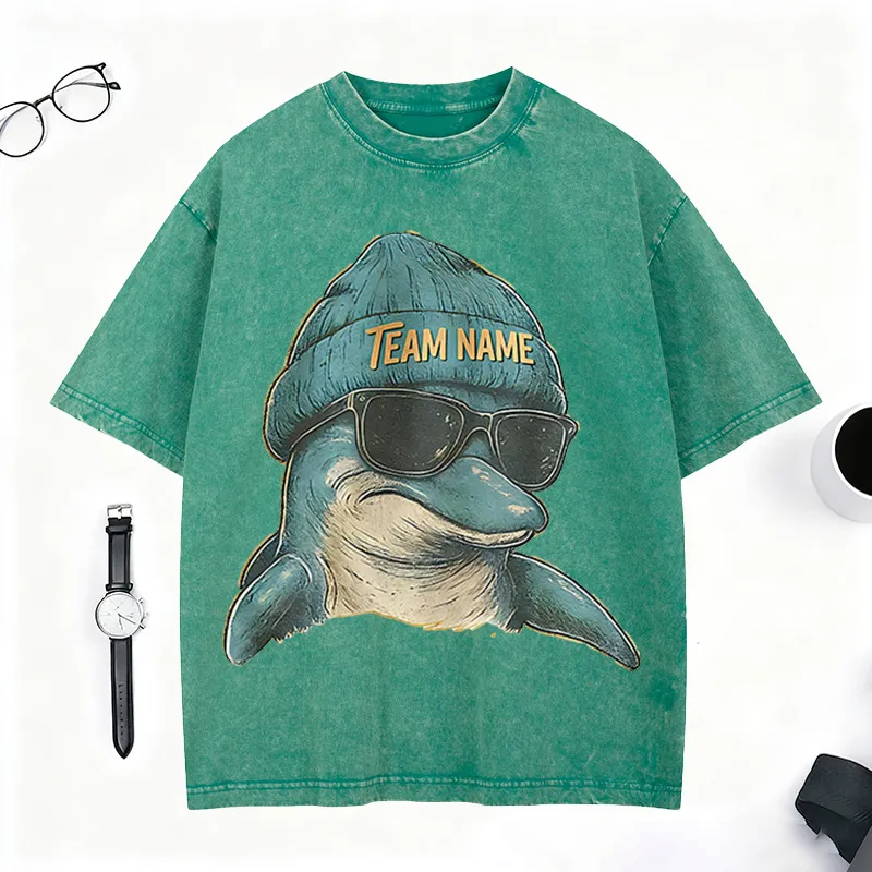 Personalized Retro Football Mascot T-Shirt with Dolphin Graphic and Team Name for Football Fans  