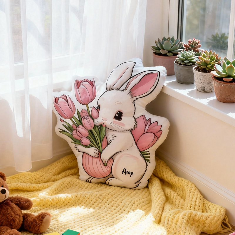 Personalized Bunny and Flower with Name Graphic 3D Print Pillow Christmas Gift for Kids or Baby Birthday Gift