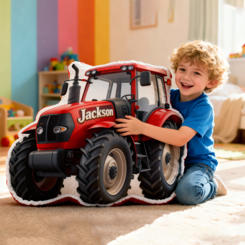 Personalized Red Tractors with Name Graphic 3D Print Pillow Christmas Gift for Kids or Baby Birthday Gift