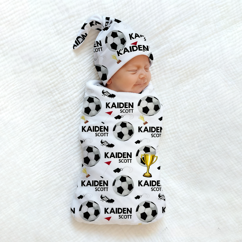 Personalized Soccer Baby Blanket Set Name Soft Fleece Sport Design Perfect Baby Shower Gift