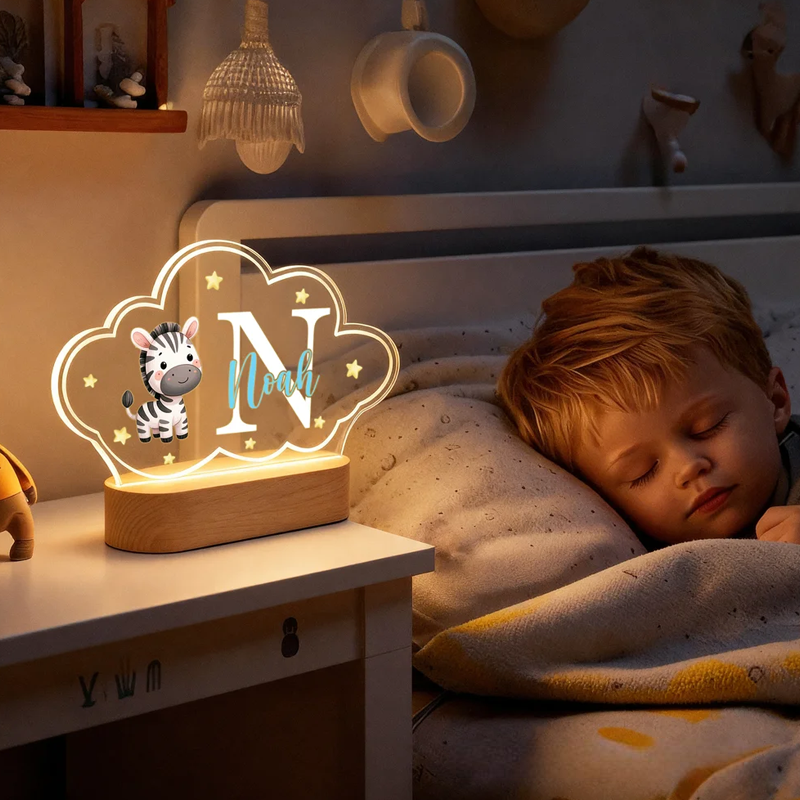 Personalized Cute Animals Star Cloud Style Acrylic LED Night Light with Wooden Base and Name Birthday Anniversary Gift for Kid Newborn