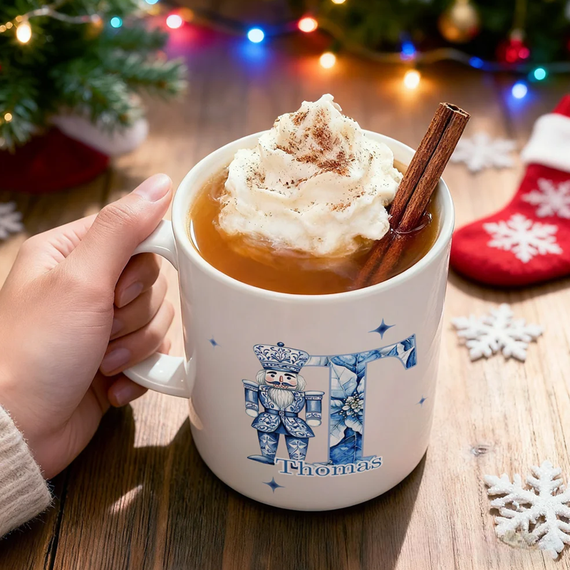 Personalized Toile De Jouy Snowman Santa Claus Nutcracker 11 oz 15 oz Ceramic Mug with Name Christmas Gift 