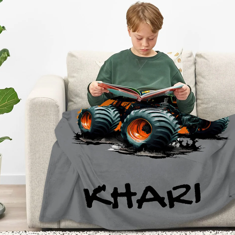Personalized Big Wheel Off Road Truck Soft Throw Blanket with Name Home Decor Birthday Gift 