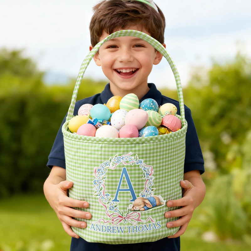 Personalized Cute Wreath Bunny Plaid Easter Basket with Name and Initial Easter Eggs Hunting Easter Day Gift for Boys Girls