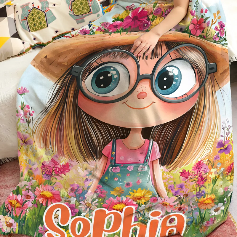 Personalized Cartoon Quirky Flower Girl Soft Throw Blanket with Name Home Decor Daily Use Christmas Gift