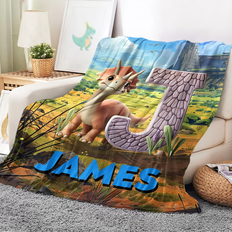 Personalized 3D Dinosaur Multicolor Soft Throw Blanket with Initial and Name Home Decor Christmas Gift