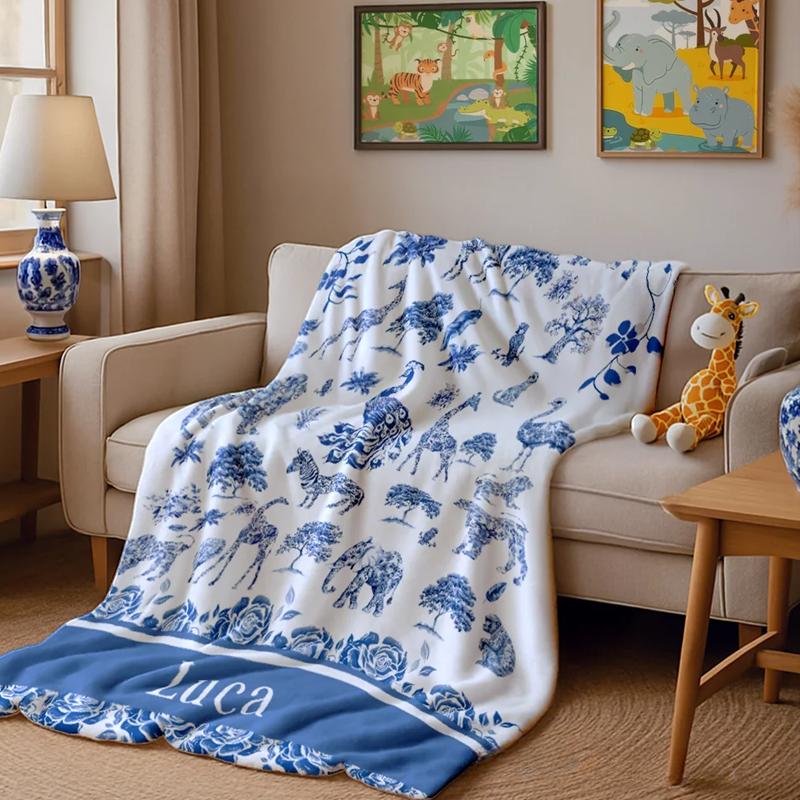 Personalized Toile De Jouy Zebra Giraffe Wild Animals Soft Throw Blanket with Name Home Decor Birthday Christmas Gift