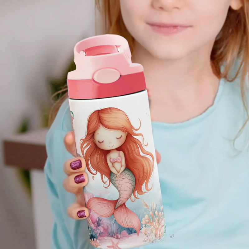 Personalized Pink Mermaid 12oz Insulated Kid Water Bottle with Name and Silicone Straw Back to School Birthday Gift