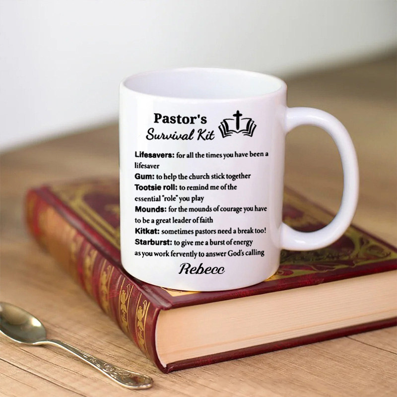 Personalized Pastor's Survival Kit Ceramic Mug with Name Gift for Pastor Custom Coffee Cup Pastor Appreciation Gift Retirement Gift Anniversary Gift