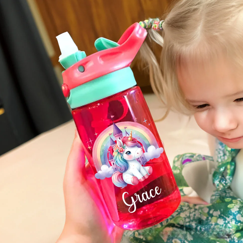 Personalized Rainbow Castle Dream Horse Design 16 oz Kid Water Bottle with Straw and Name Birthday Christmas Back to School Gift