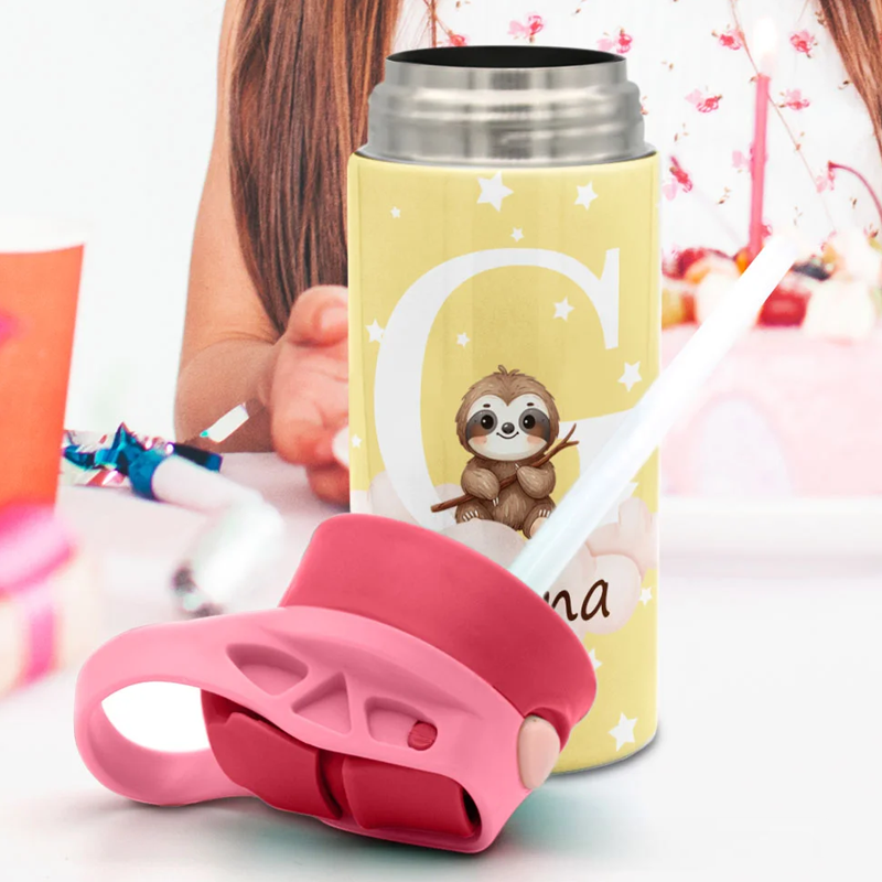 Personalized Initial Cute Forest Animal 12oz Kid Insulated Name Water Bottle with Handle and Silicone Straw Birthday Back To School Gift 