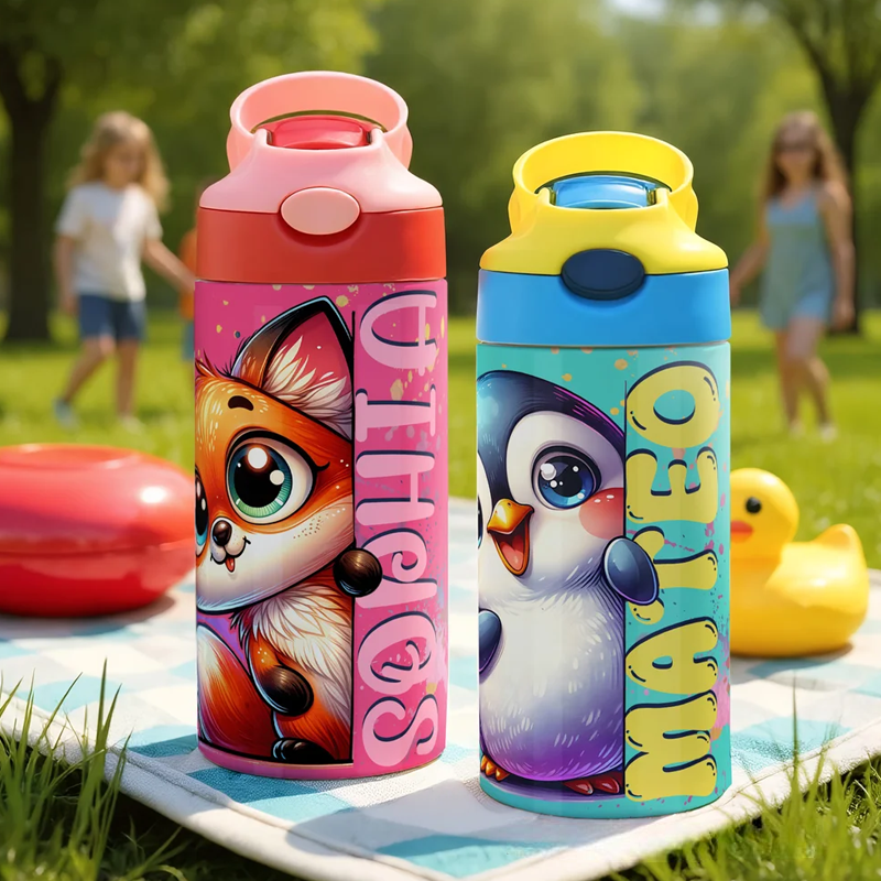 Personalized Cute Watercolor Animal 12 oz Kid Insulated Name Water Bottle with Handle and Silicone Straw Birthday Back to School Gift