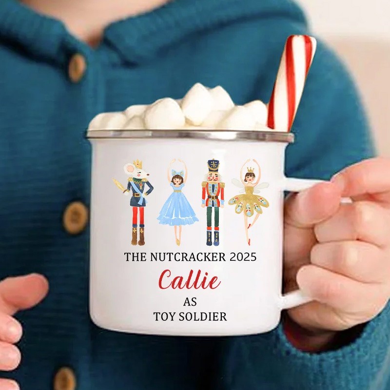 Personalized Cute Nutcracker Solider Ballet Girl 12oz Colored Rim Enamel Cup with Name and Year Birthday Christmas Gift