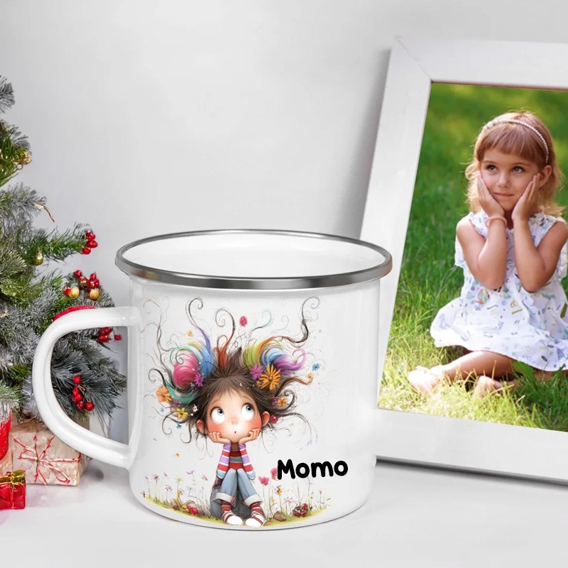 Personalized Cute Whimsical Quirky Girl 12oz Colorful Rim Enamel Mug with Name Birthday Back to School Holiday Gift