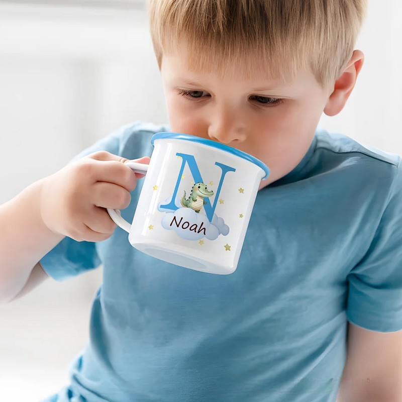 Personalized Cute Bear Dinosaur Cartoon Forest Animal 12 oz Colored Rim Enamel Mug with Initial and Name Birthday Gift