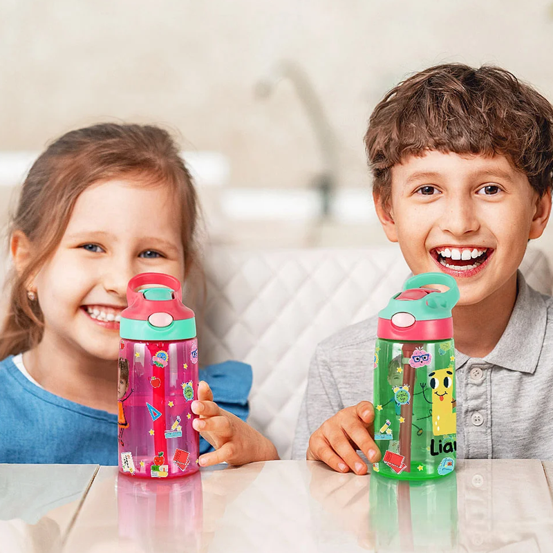Personalized Colorful Cartoon Photo Name 16oz Kid's Water Bottle with Silicone Straw and Handle Birthday Back to School Gift for Boys Girls