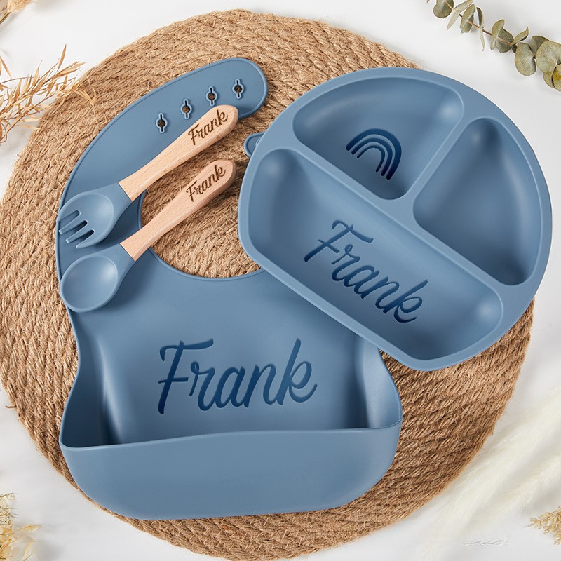 Personalized Feeding Set with Name Cartoon Weaning Set for Baby Eco-Friendly Baby Plate Silicone Weaning Set Baby Shower Gift Birthday Gift