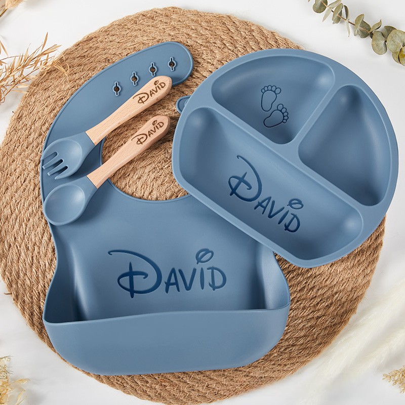 Personalized Engraved Silicone Baby Weaning Set Baby Feeding Plate and Bib Unique Baby Shower Gift  Baby Essentials Baby Shower Gifts