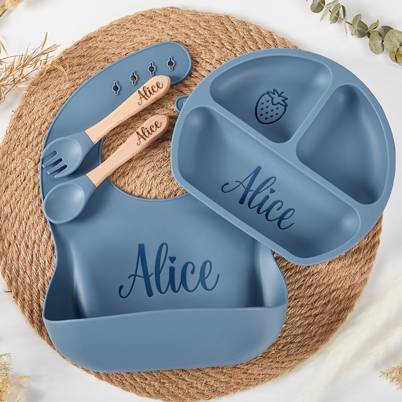 Personalized Eco Friendly Silicone Weaning Set with Engraved Name Unique Bib and Plate for Baby Ideal Baby Shower Gift