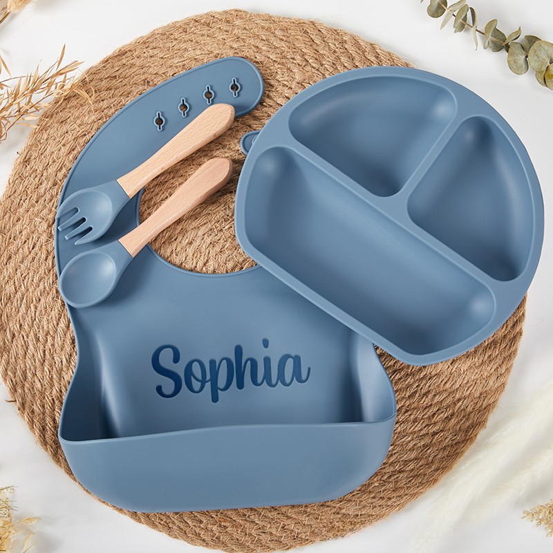 Personalized Feeding Set with Name Cartoon Weaning Set for Baby Eco Friendly Baby Plate Silicone Weaning Set Baby Shower Gift