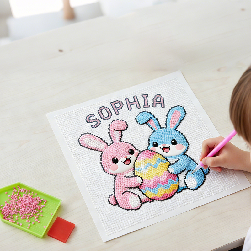 Personalized Name Diamond Painting Kit  Easter Bunny DIY Craft Set with Frame and Gems  Festive Design for Kids