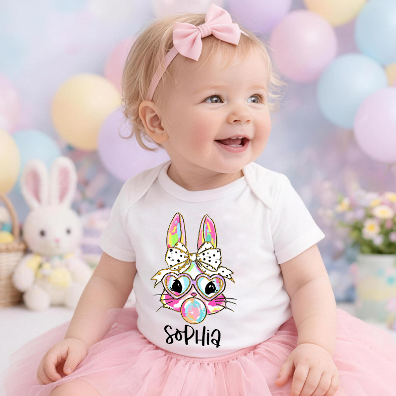 Personalized Coquette Bow Easter Bunny Baby Bodysuit with Name Easter Party Birthday Gift for Kids Boys Girls