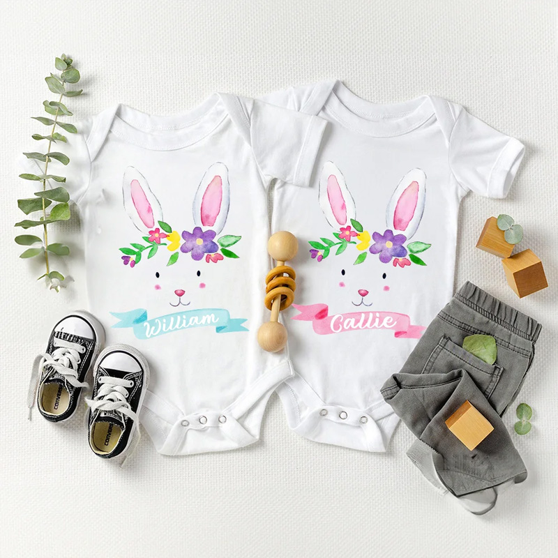 Personalized Cute Easter Bunny Watercolor Floral 100% Cotton Baby Bodysuit with Name Holiday Party Outfit Easter Gift for Baby Boys Girls