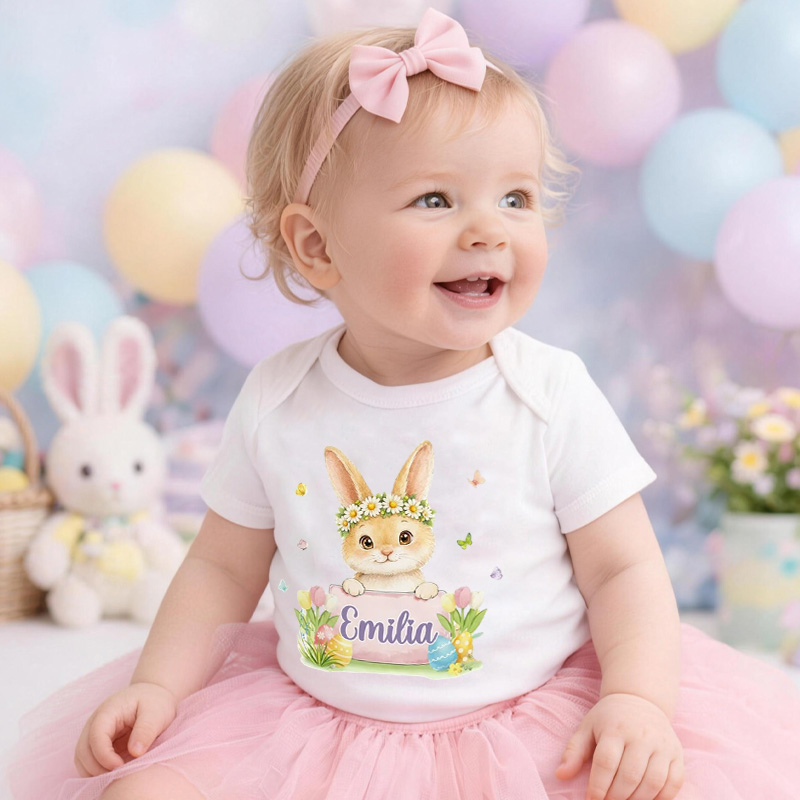 Personalized Easter Bunny Theme Custom Name Floral Wreath Cute Infant Outfit Spring Gift for Newborn Toddler Baby Bodysuit