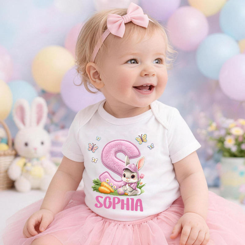 Personalized 3D Printing Easter Bunny Baby Bodysuit with Name Easter Party Birthday Gift for Kids Boys Girls