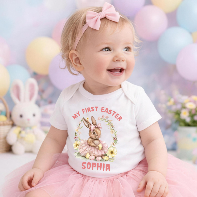 Personalized My First Easter Bunny Baby Bodysuit with Name Easter Party Birthday Gift for Kids Boys Girls