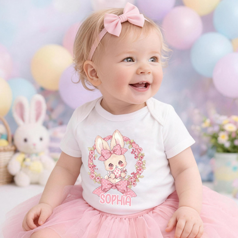Personalized Easter Bunny Floral Theme Custom Name Cute Infant Outfit Spring Gift for Baby Girl Photography Easter Party Baby Bodysuit