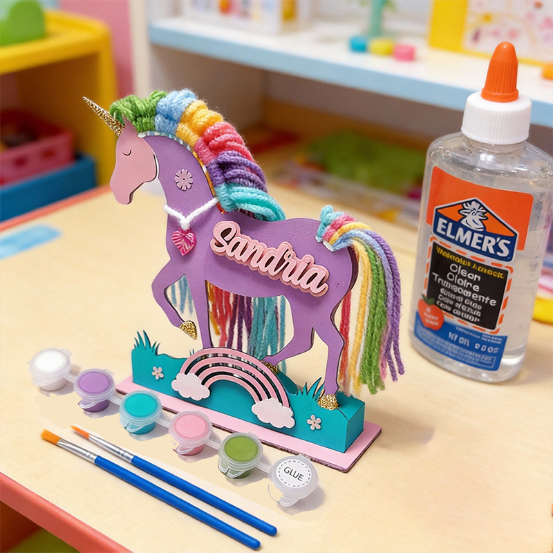 Personalized DIY Unicorn Craft Kit for Kids Custom Name Plaque Paints and Yarn for Creative Fun DIY Wood Macrame Paint Set