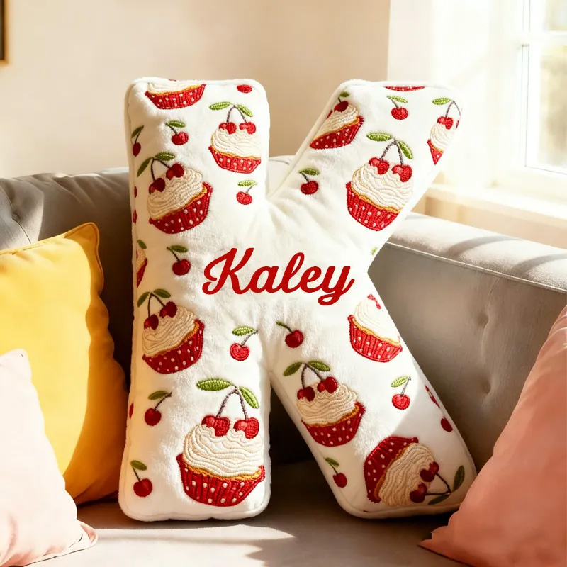 Personalized Cherry Cupcake Alphabet Throw Pillow Graphic 3D Print Christmas Dessert Letter with Name for Baker Gift for Kids Boys Girls