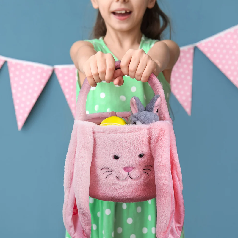 Personalized Cute Long Ears Furry Bunny Easter Basket with Glitter Name Easter Egg Hunting Gift for Kids