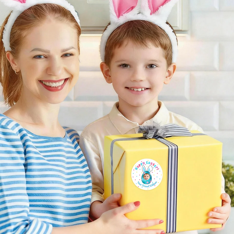 Personalized Cute Rabbit Ear Egg Set of 2 Easter Waterproof Stickers Labels with Name and Photo Easter Day Decor Party Favors for Family Kids