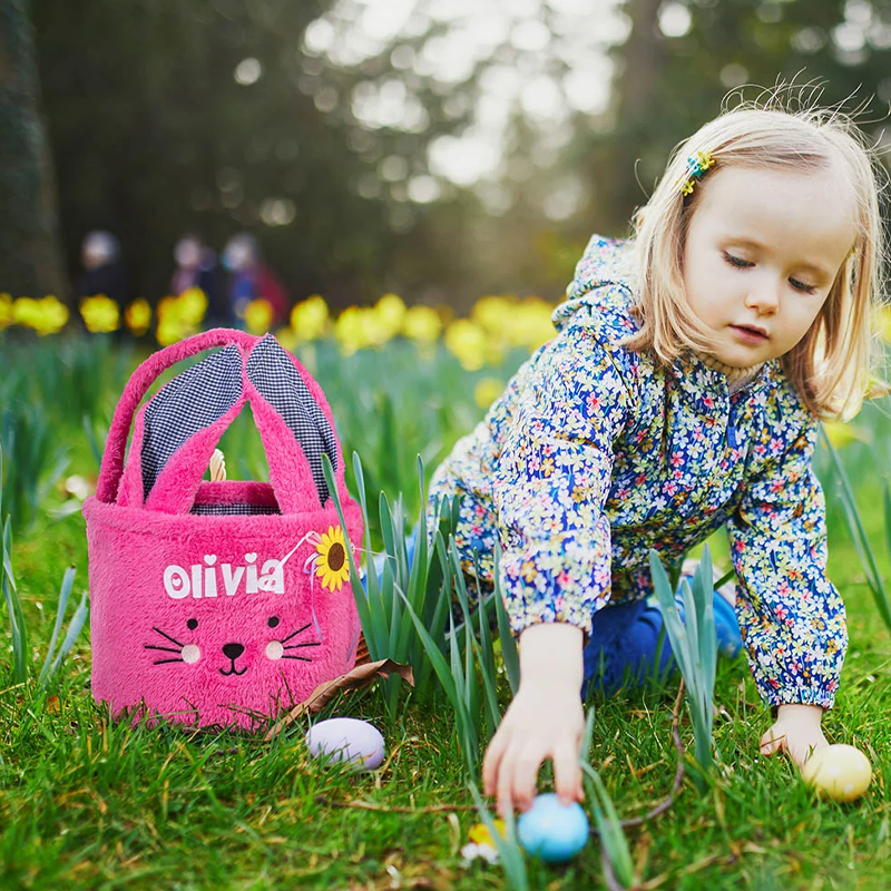 Personalized Cute Plush Bunny Easter Basket with Name Easter Egg Hunting Gift for Kids