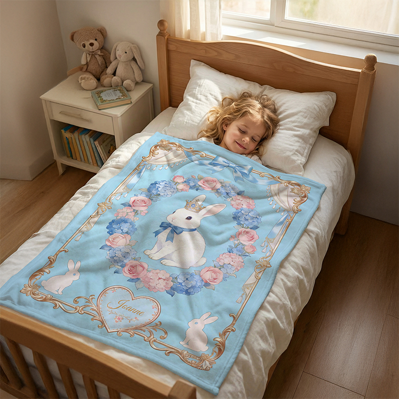 Personalized Name Bow Frame Floral Crown Rabbit Blanket Flannel Sherpa Throw for Bed Couch Home Decor Birthday Easter Gift for Kids Boys Girls