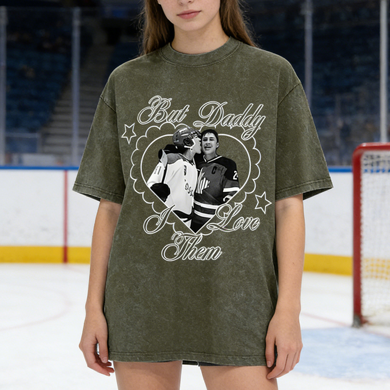 Personalized "But Daddy I Love Them" Hockey Washed T-Shirt HR Theme Retro Hockey Couple Washed T-Shirt for Hockey Fans
