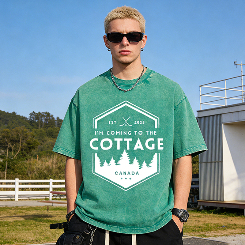 Personalized I'm Coming To The Cottage Canada Washed T-Shirt Forest and Hockey Graphic Tee for Hockey and Nature Lovers
