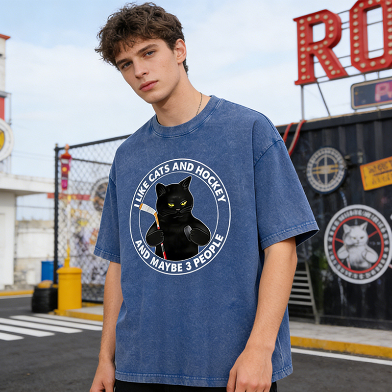 Personalized Funny Cat and Hockey Lover Washed T-Shirt with Custom Name and Number