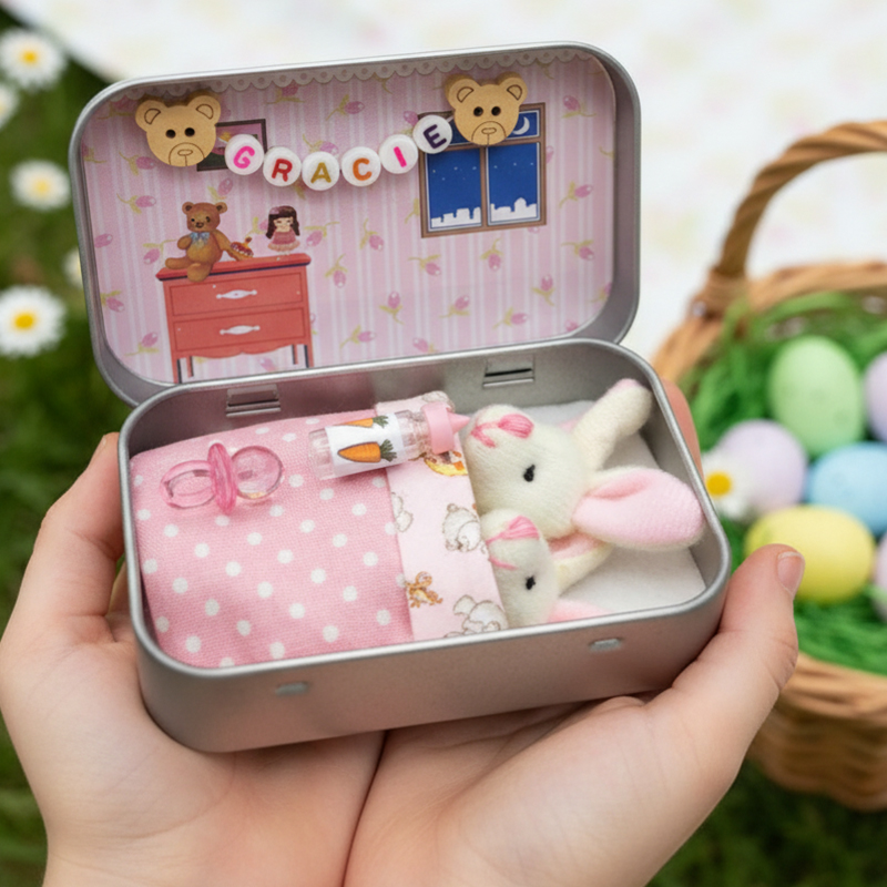 Personalized Easter Bunny Plush Set with Custom Name Bead Chain and Tin Box Room Perfect Gift Basket Filler