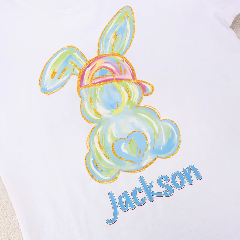 Personalized Fluorescent Graffiti Bunny 100% Cotton Kid T-shirt with Name Party Outfits Photo Props Easter Children's Day Gift for Toddlers Kids