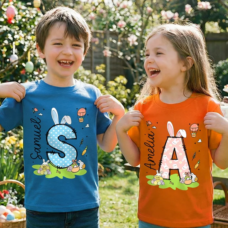 Personalized Cute Bunny Initial 100% Cotton Kid T-shirt with Name Easter Egg Hunt Easter Gift for Boys Girls