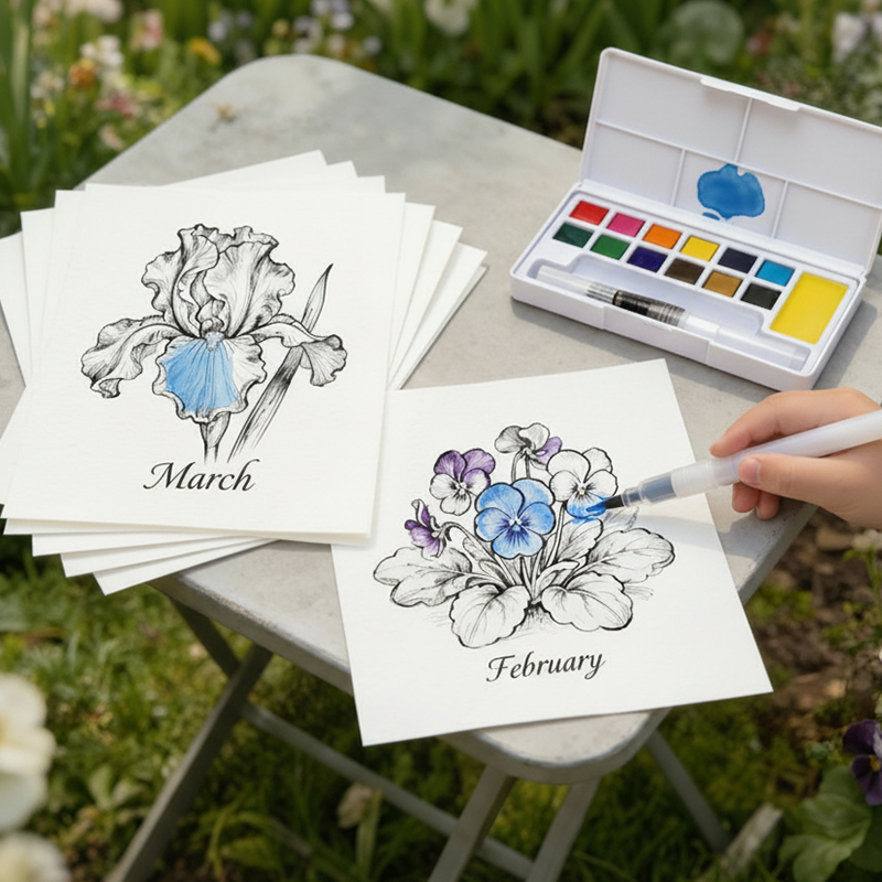 Personalized Birthday Flower Watercolor DIY Kit 12 Designs Creative Gift & Art Starter for Kids Monthly Flowers Watercolor Kit Beginner DIY Painting Activity