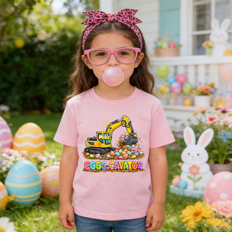 Personalized Cute Bunny Eggs-Cavator Excavator 100% Cotton Kid T-shirt with Name Easter Egg Hunt Easter Gift for Boys Girls