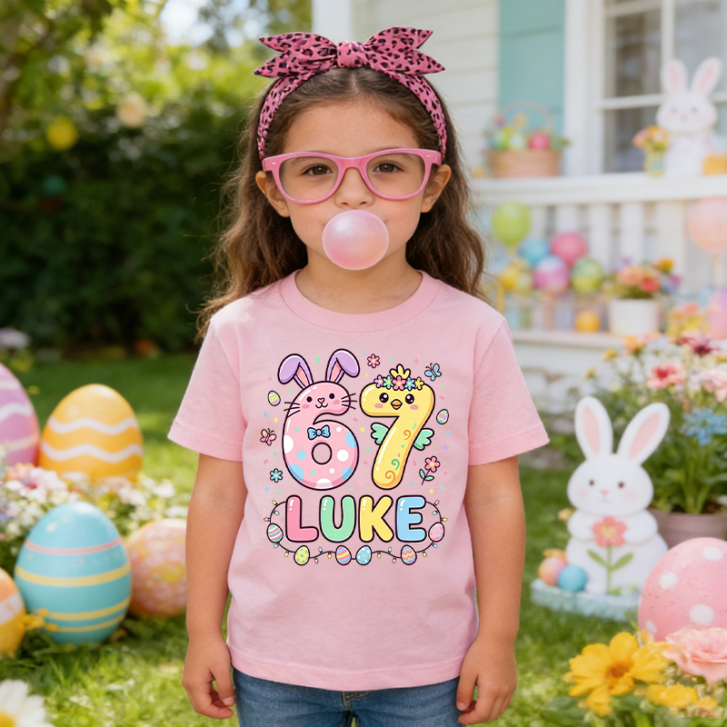 Personalized Cute Bunny 67 Easter 100% Cotton Kid T-shirt with Name Easter Egg Hunt Easter Gift for Boys Girls